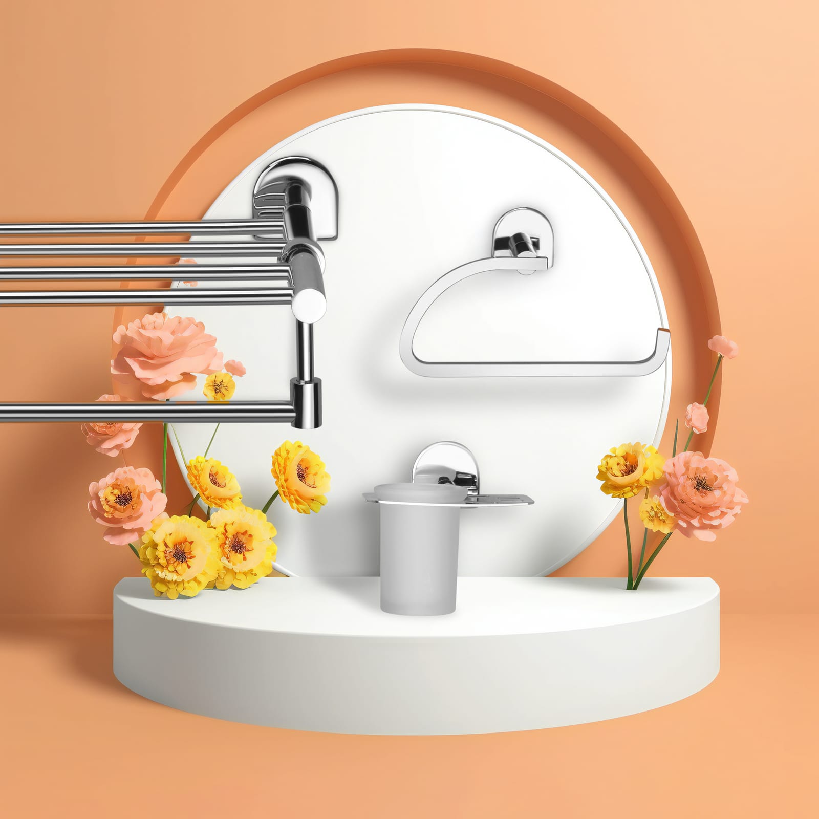 Afyon series towel rail, napkin ring and tumbler holder staged against a warm apricot backdrop with flowers